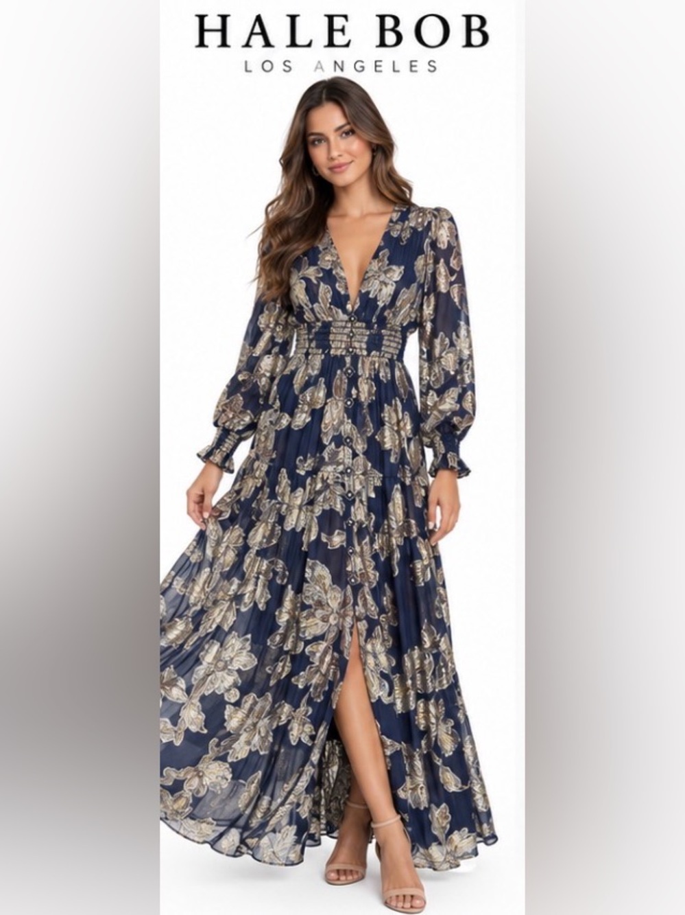 Hale Bob Navy and Gold Floral V-Neck Maxi Dress